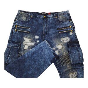 Makobi 48x32 Mens Distressed Denim Cargo Jeans With Zipper Pockets White Blue